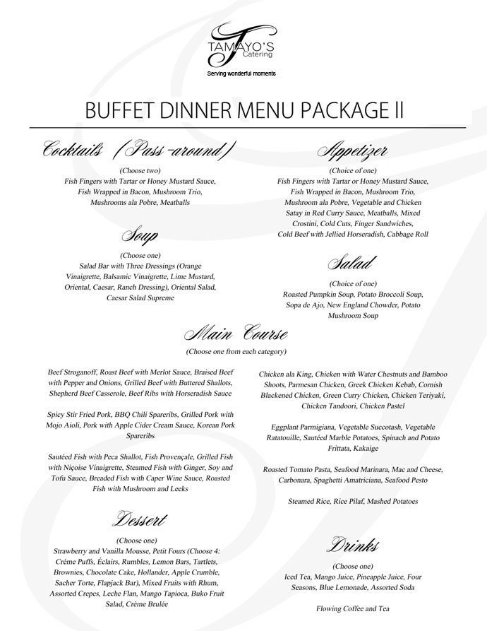 Tamayo s Catering Catering Packages
